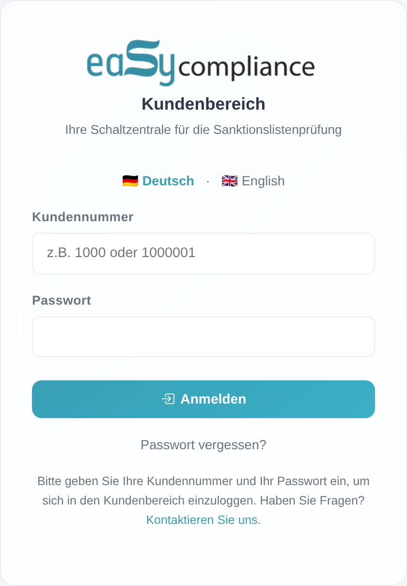 Anmeldeformular des Kundenbereichs mit den Feldern Kundennummer und Passwort sowie dem Button „Anmelden".