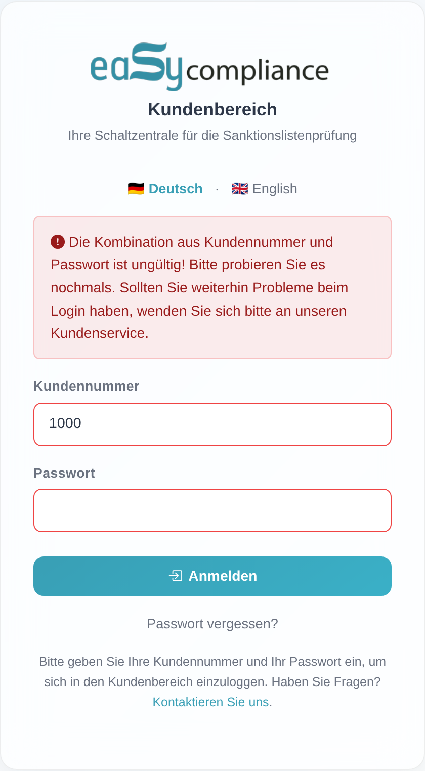 Anmeldeseite des Kundenbereichs mit rot hervorgehobener Fehlermeldung über den Feldern „Kundennummer" und „Passwort".