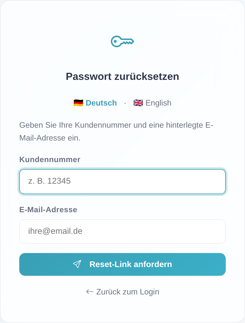 Formular „Passwort zurücksetzen" mit den Feldern „Kundennummer" und „E-Mail-Adresse" sowie dem Button „Reset-Link anfordern".