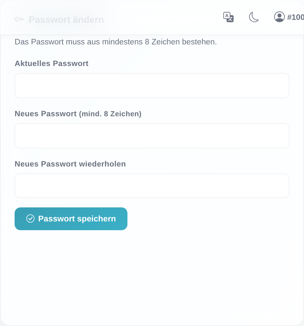 Karte „Passwort ändern" im Kundenbereich mit den Feldern „Aktuelles Passwort", „Neues Passwort" und „Neues Passwort wiederholen" sowie dem Button „Passwort speichern".