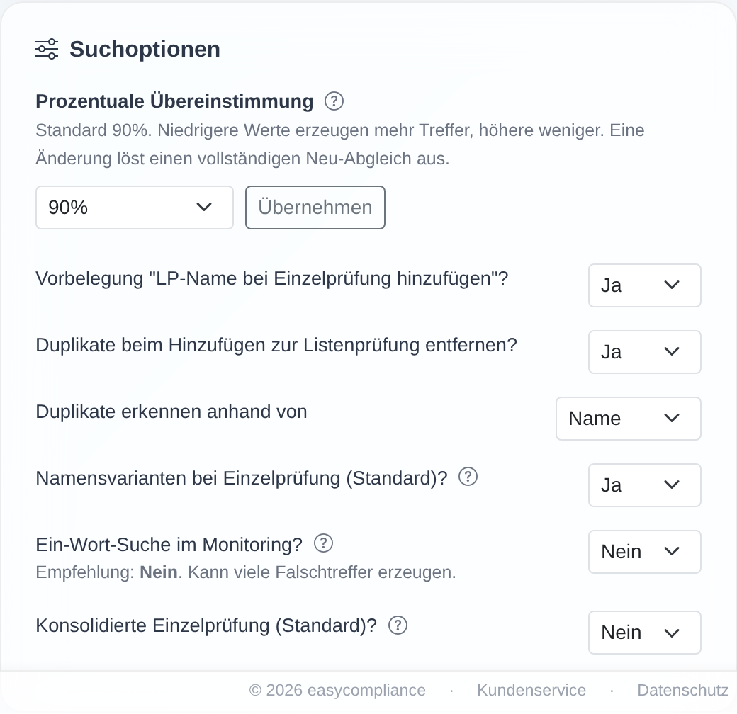 Die Karte „Suchoptionen" im Einstellungsbereich mit dem Dropdown „Prozentuale Übereinstimmung", dem Button „Übernehmen" und den Ja/Nein-Optionen für Namensvarianten, Duplikate und Einzelprüfung.