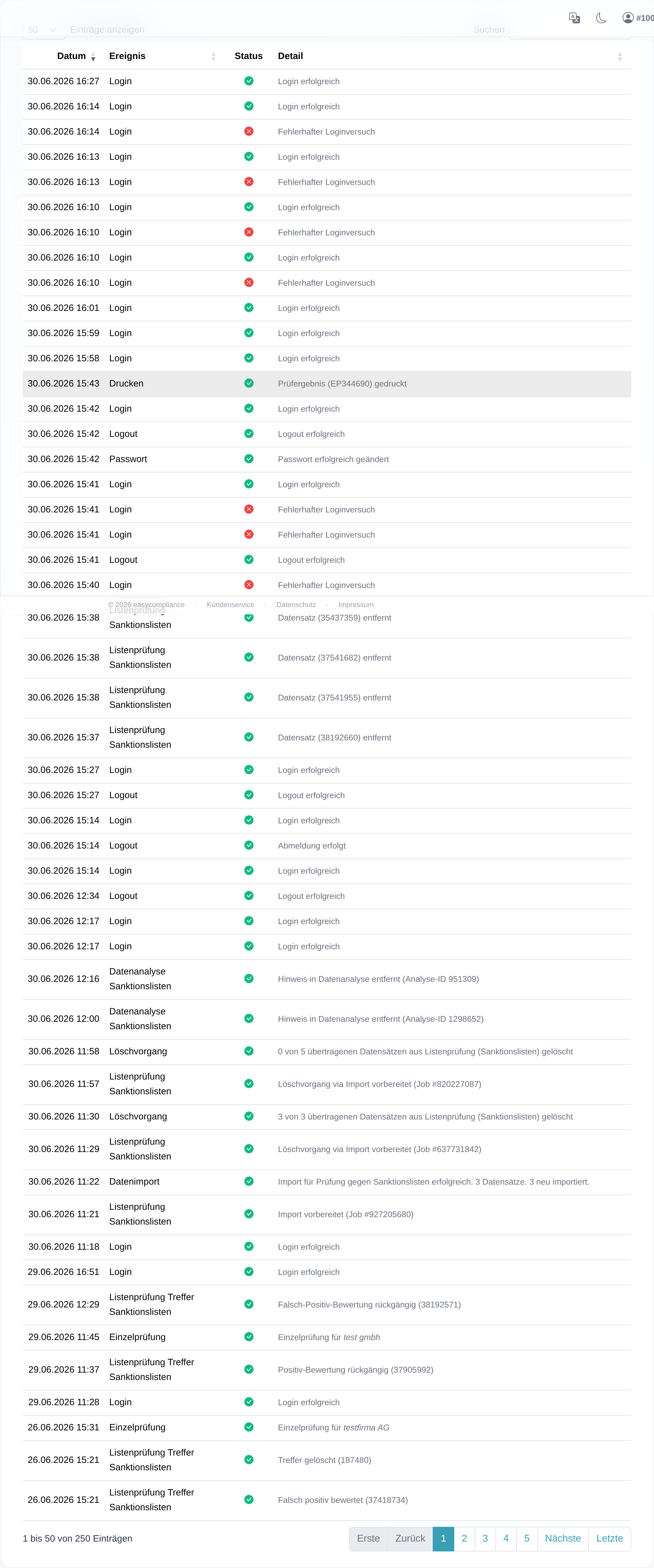 Das Ereignisprotokoll des Kundenbereichs mit den Spalten „Datum", „Ereignis", „Status" und „Detail" sowie Such- und Sortierfunktion.