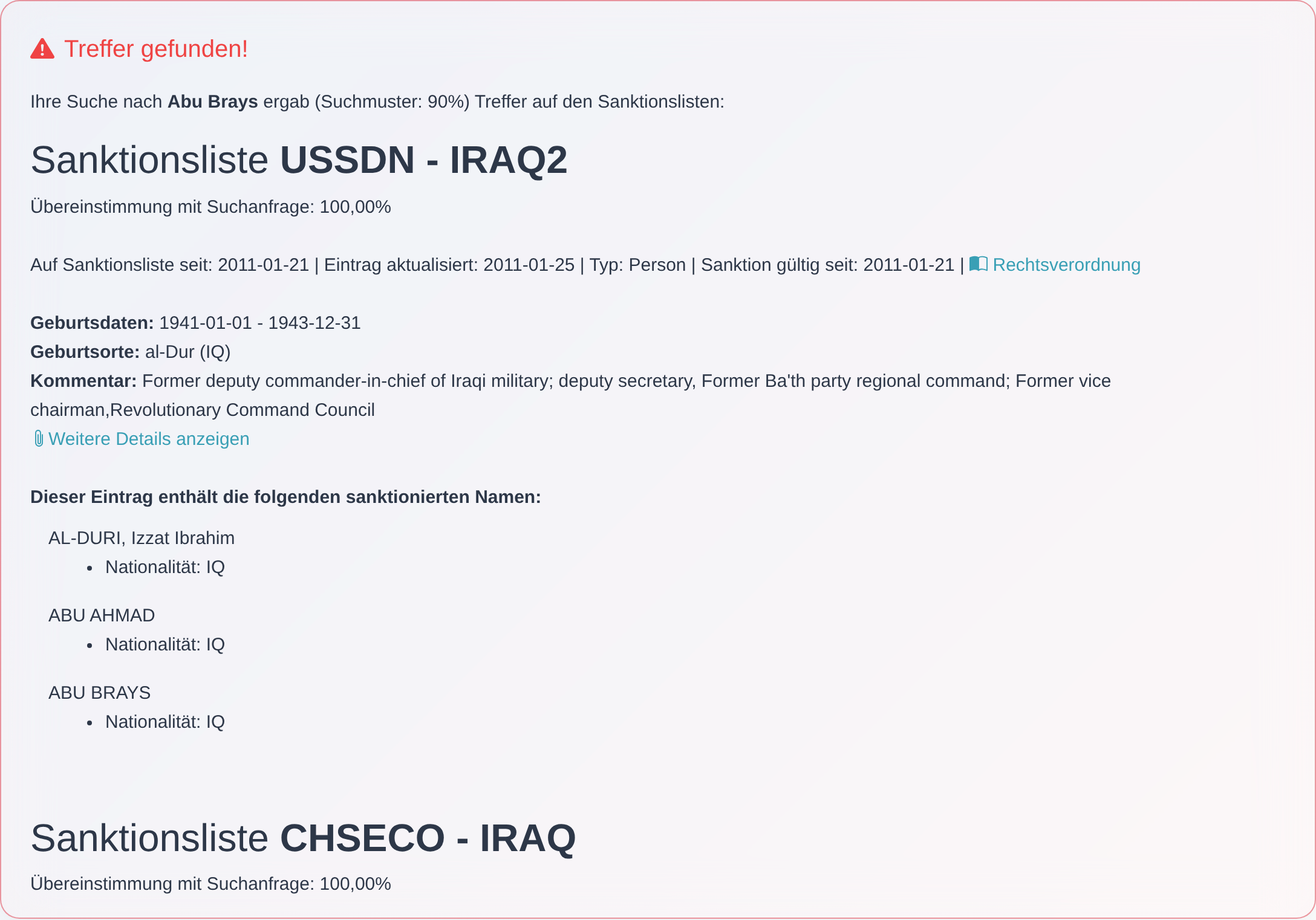 Ergebnis einer Einzelprüfung mit rotem Block „Treffer gefunden!" und der prozentualen Übereinstimmung je Treffer.