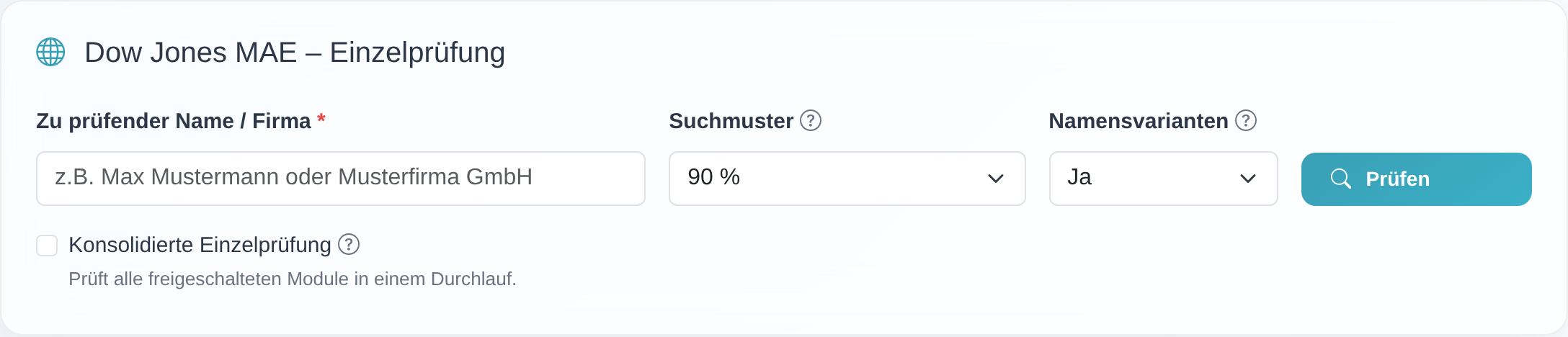 Suchformular der Dow-Jones-Einzelprüfung mit dem Feld „Zu prüfender Name / Firma", der Auswahl „Suchmuster", der Auswahl „Namensvarianten" und dem Button „Prüfen".