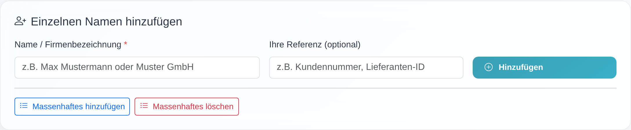 Seite „Datensätze ansehen & bearbeiten" mit dem Formular „Einzelnen Namen hinzufügen" und dem Button „Massenhaftes hinzufügen".