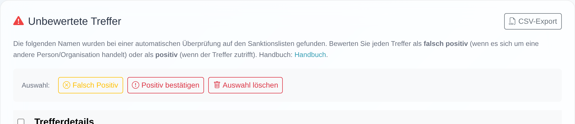 Trefferübersicht mit dem Button „CSV-Export" oben rechts im Abschnitt „Unbewertete Treffer".