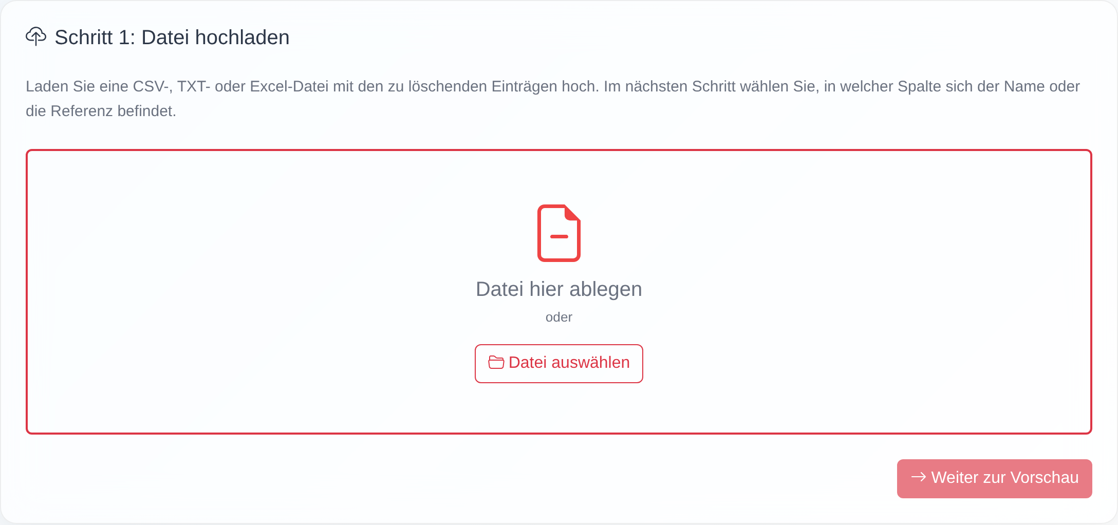 Seite „Datensätze via CSV-Import löschen" mit Warnhinweis, der Auswahl „Löschen anhand Name/Referenz", der Spalten-Zuordnung und dem Button „Löschvorgang vorbereiten".