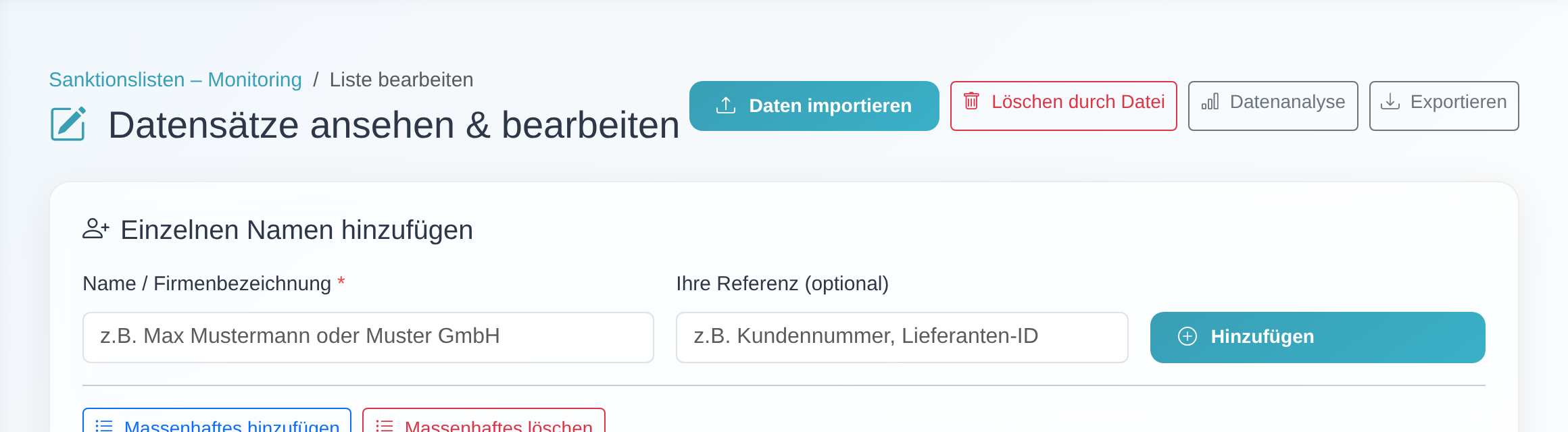 Seite „Datensätze ansehen & bearbeiten" mit dem Button „Exportieren" oben rechts.