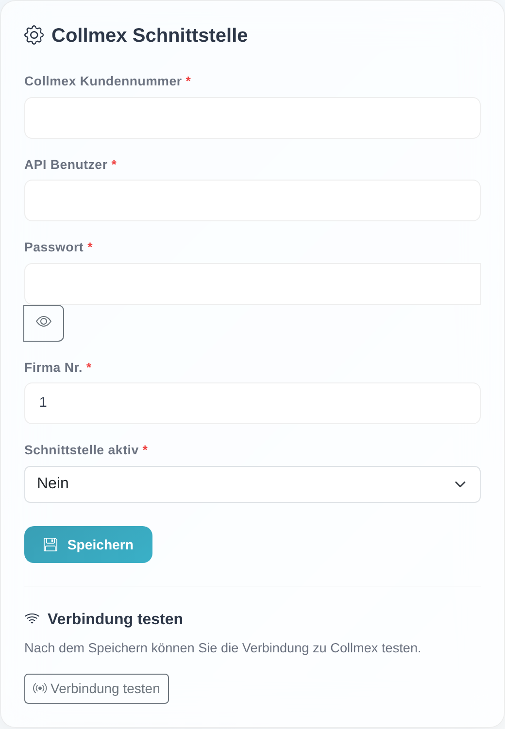 Formular „Collmex Schnittstelle" im Kundenbereich mit den Feldern Collmex Kundennummer, API Benutzer, Passwort, Firma Nr. und Schnittstelle aktiv sowie dem Button „Speichern" und dem Bereich „Verbindung testen".