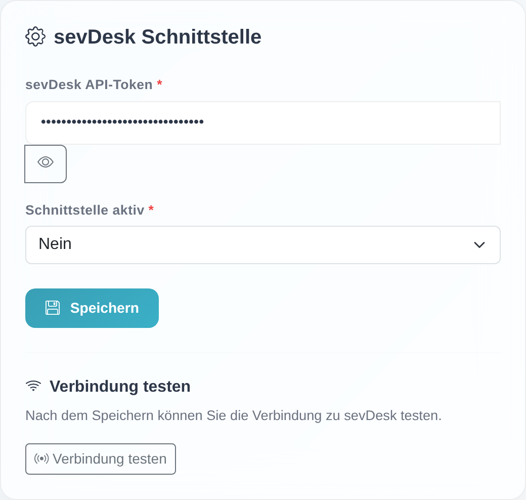 Konfigurationsseite der sevDesk-Schnittstelle mit dem Feld „sevDesk API-Token", der Auswahl „Schnittstelle aktiv", dem Button „Speichern" und dem Bereich „Verbindung testen".