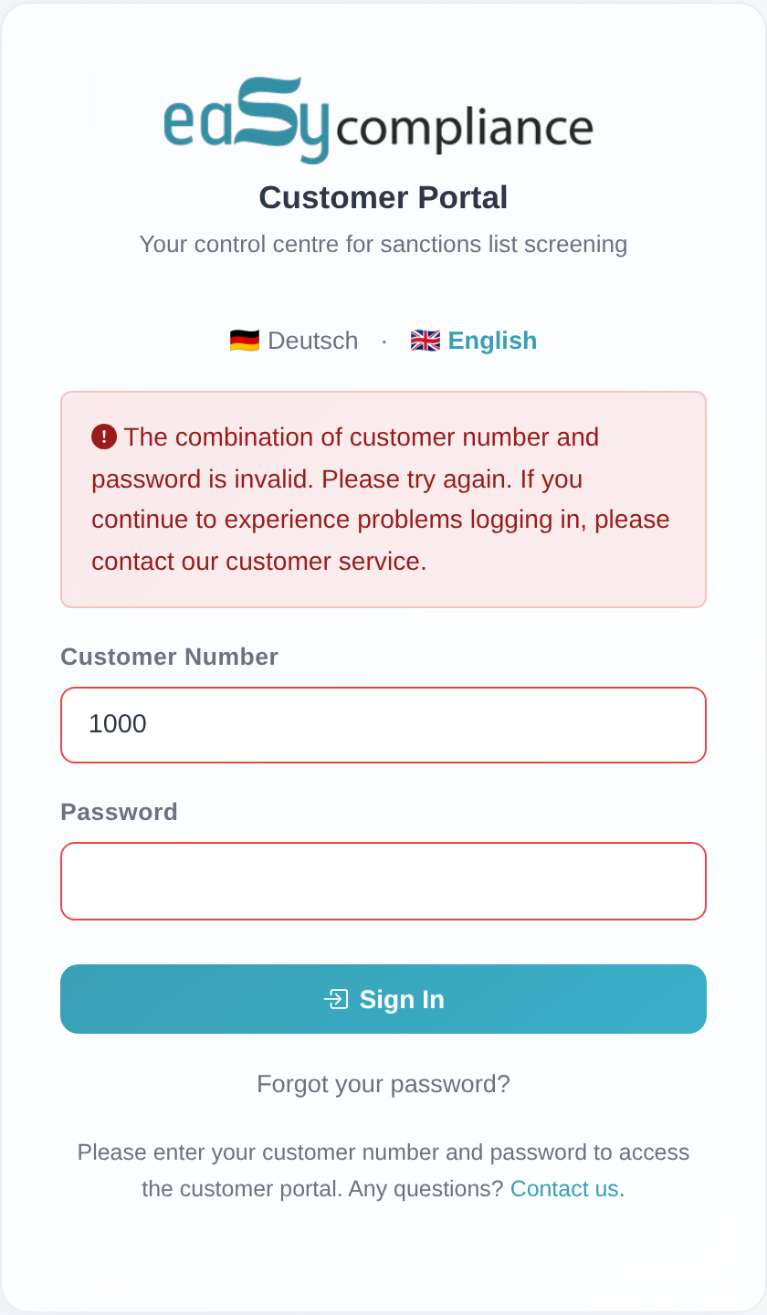 Customer portal sign-in page with a red error message highlighted above the “Customer Number” and “Password” fields.