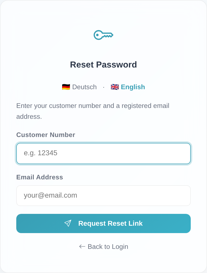 “Reset Password” form with the “Customer Number” and “Email Address” fields and the “Request Reset Link” button.