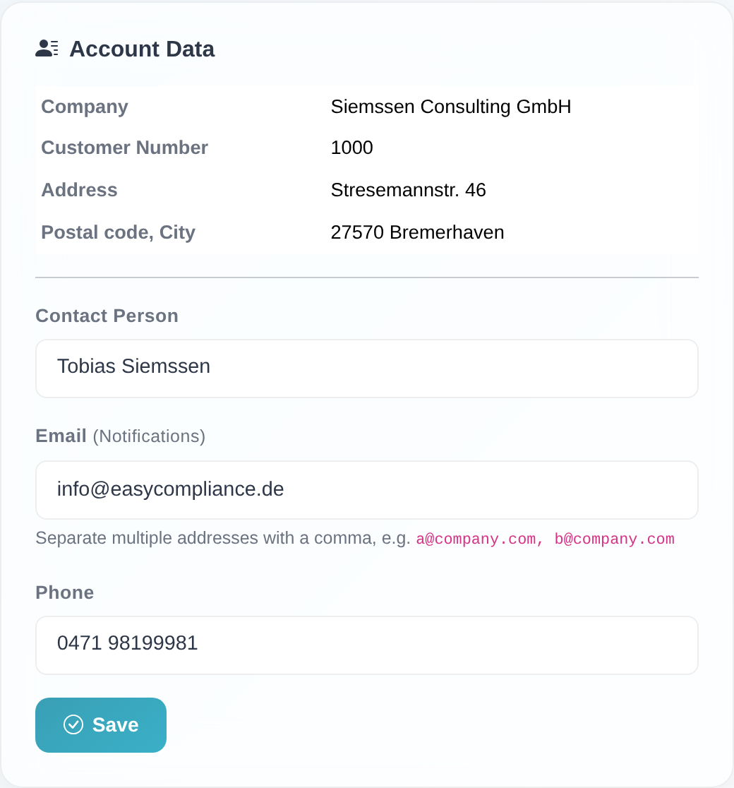 “Master data” card in the settings area with the read-only fields Company, Customer Number and Address, the editable Contact person, Email and Phone fields, and the “Save” button.
