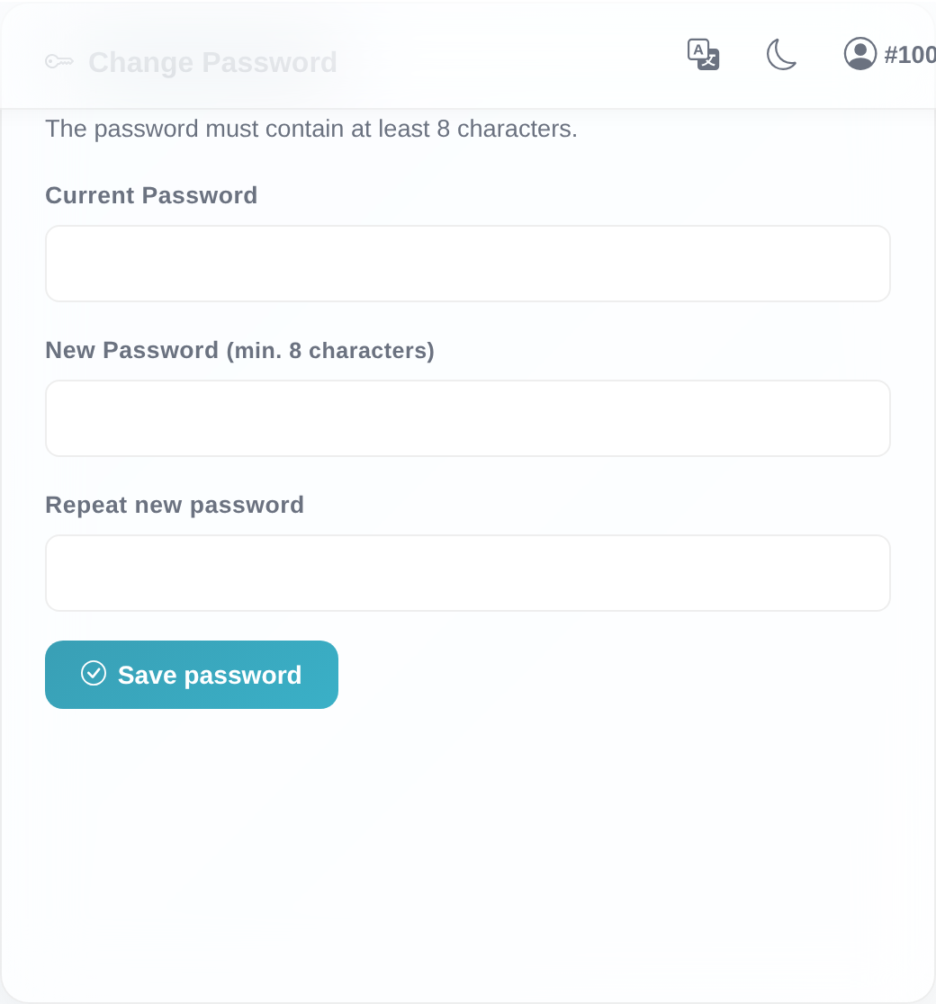 “Change Password” card in the customer portal with the “Current Password”, “New Password” and “Confirm Password” fields and the “Change Password” button.