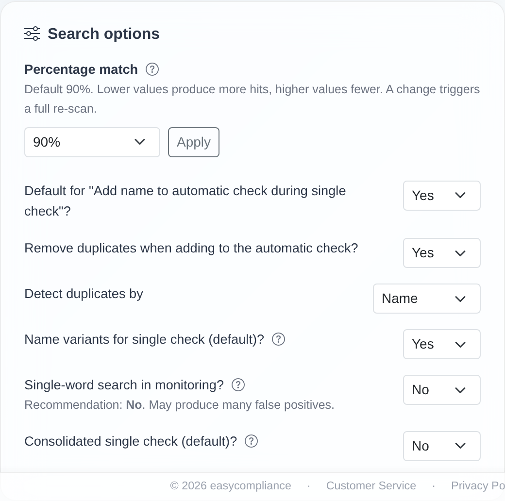 The “Suchoptionen” (Search options) card in the settings area with the “Prozentuale Übereinstimmung” dropdown, the “Übernehmen” button and the Yes/No options for name variants, duplicates and individual checks.