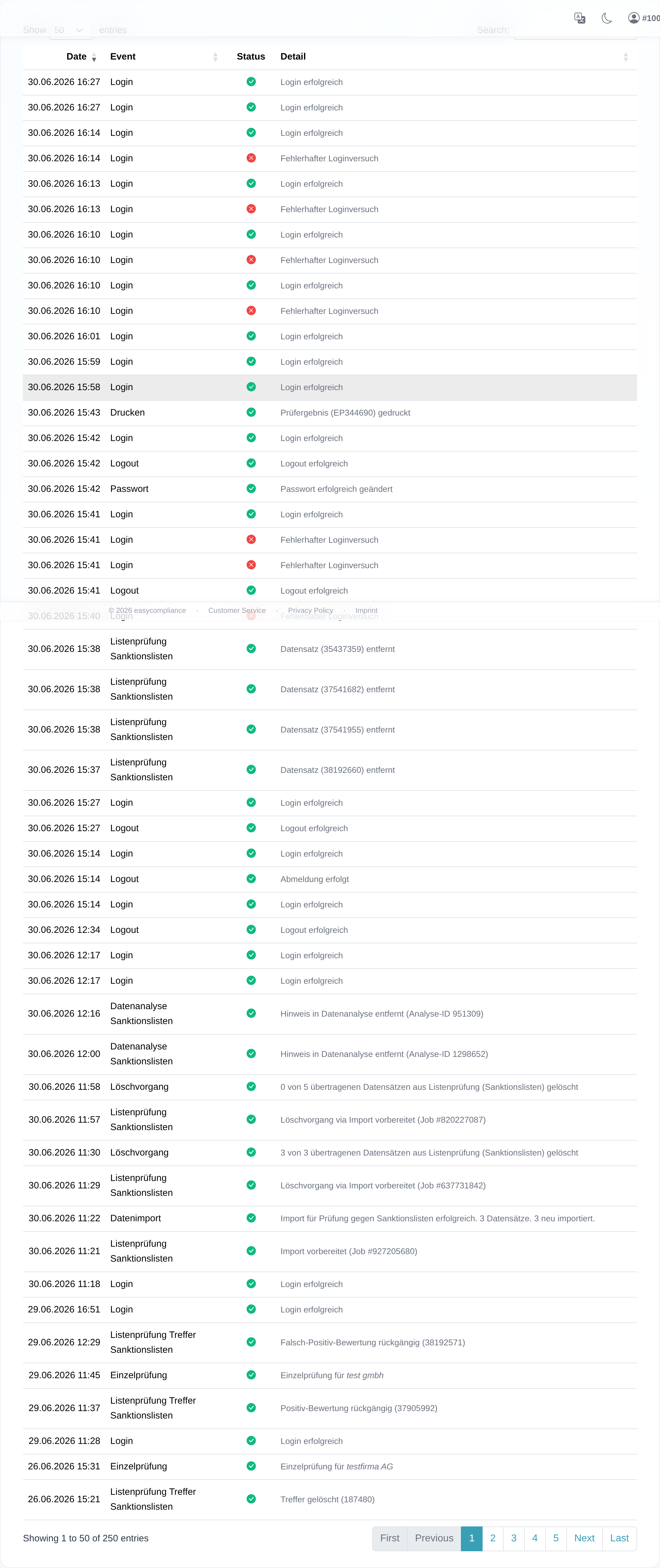 The customer portal event log with the columns “Date”, “Event”, “Status” and “Detail” plus search and sorting.