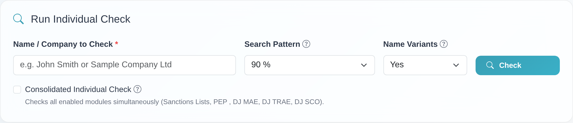 Individual-check search form with the “Name / Company to Check” field, the “Search Pattern” selector, the “Name Variants” selector and the “Check” button.