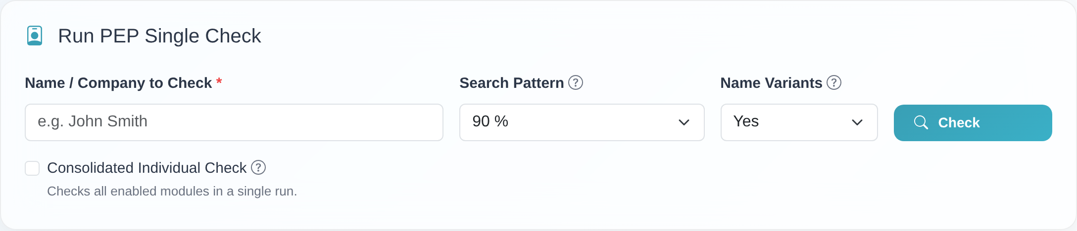 PEP individual-check search form with the “Name / Company to Check” field, the “Search Pattern” selector, the “Name Variants” selector and the “Check” button.