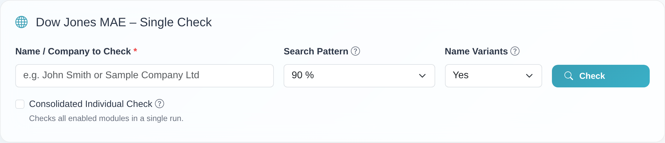Dow Jones individual-check search form with the “Name / Company to Check” field, the “Search Pattern” selector, the “Name Variants” selector and the “Check” button.