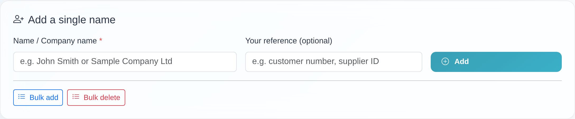 “View & edit records” page with the “Add a single name” form and the “Bulk add” button.