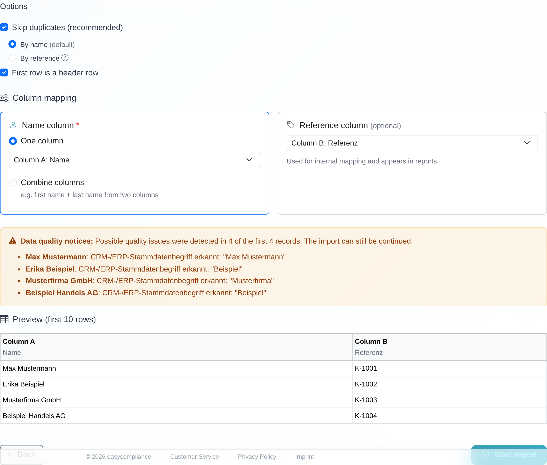 Duplicate options in step 2 of the import wizard: the “Skip duplicates (Recommended)” checkbox and the two choices “By name” and “By reference” with the note about the reference column.