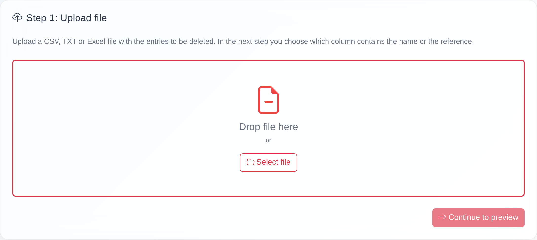 “Delete records via CSV import” page showing the warning notice, the “Delete by name/reference” choice, the column mapping and the “Prepare deletion” button.
