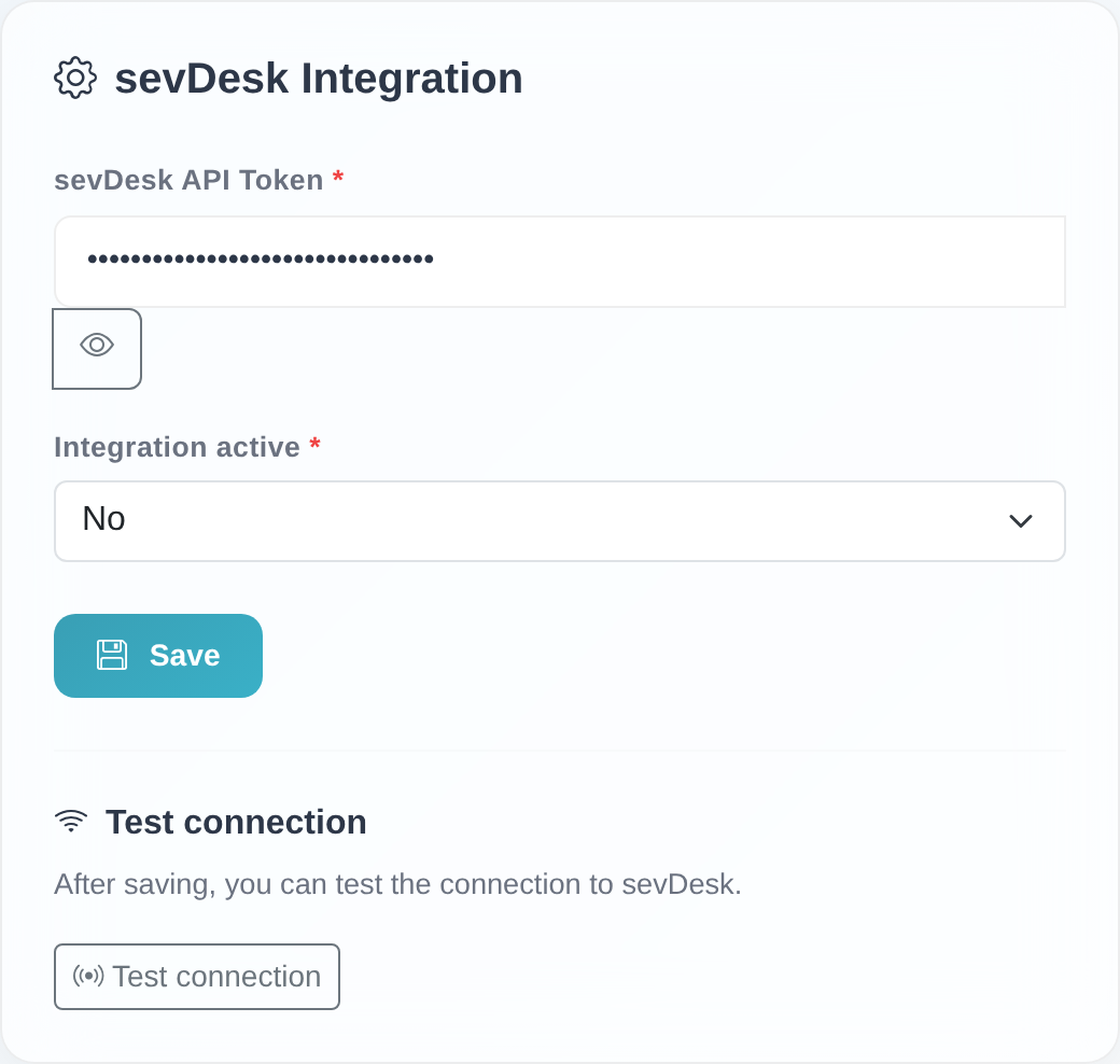 sevDesk integration page with the “sevDesk API Token” field, the “Integration active” selector, the “Save” button and the “Test connection” area.