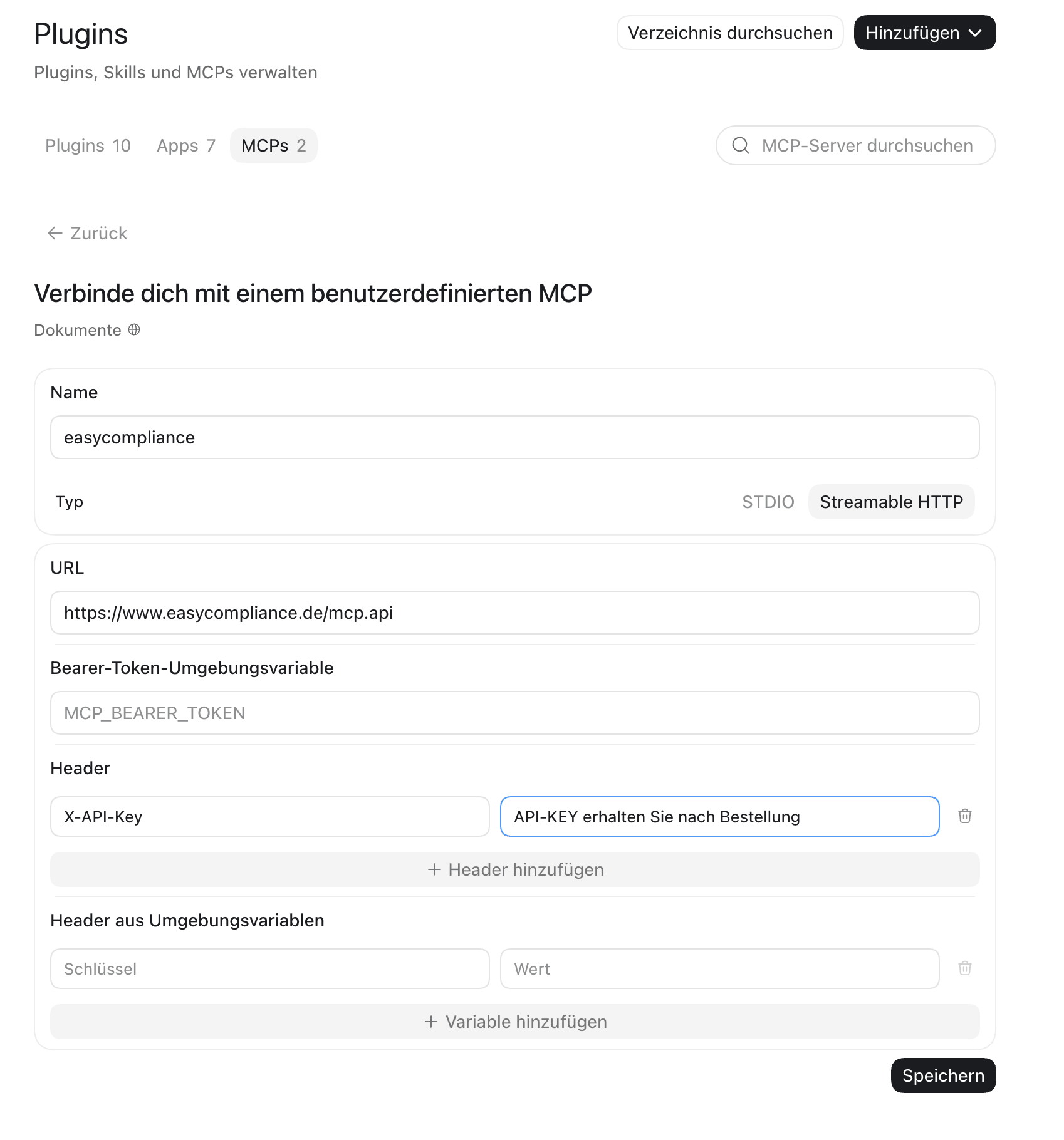 Einrichtung des MCP-Servers von easycompliance in ChatGPT: Connector-Maske mit den Feldern Name (easycompliance), Typ (Streamable HTTP), URL (https://www.easycompliance.de/mcp.api), leerem Bearer-Token und einem zusätzlichen HTTP-Header X-API-Key.