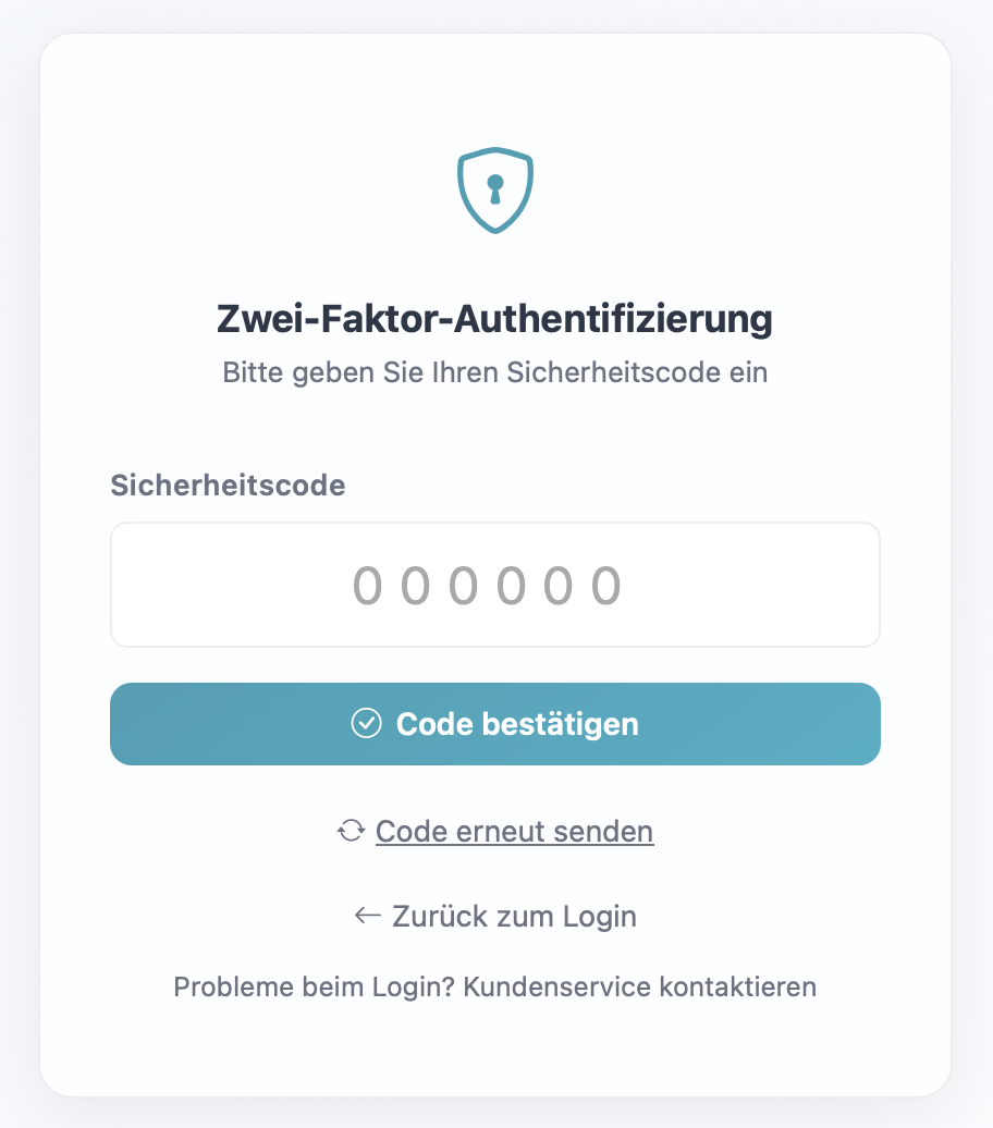 Die 2FA-Seite mit dem sechsstelligen Eingabefeld.